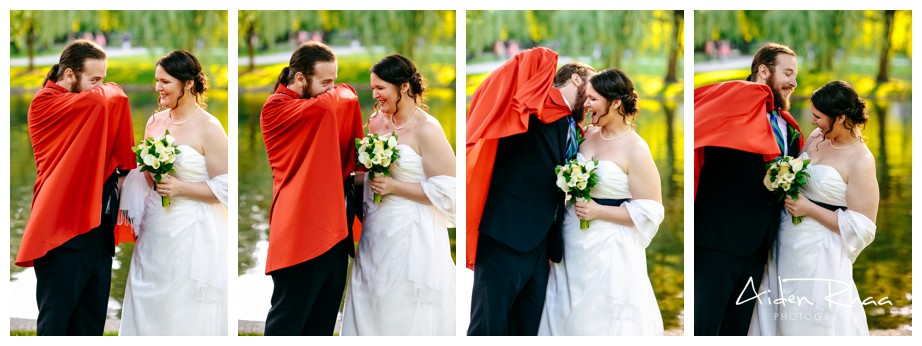 red hooded groom on wedding day