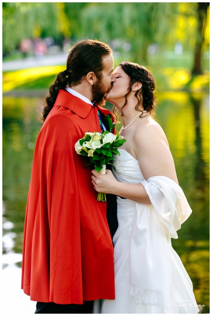red hooded groom on wedding day