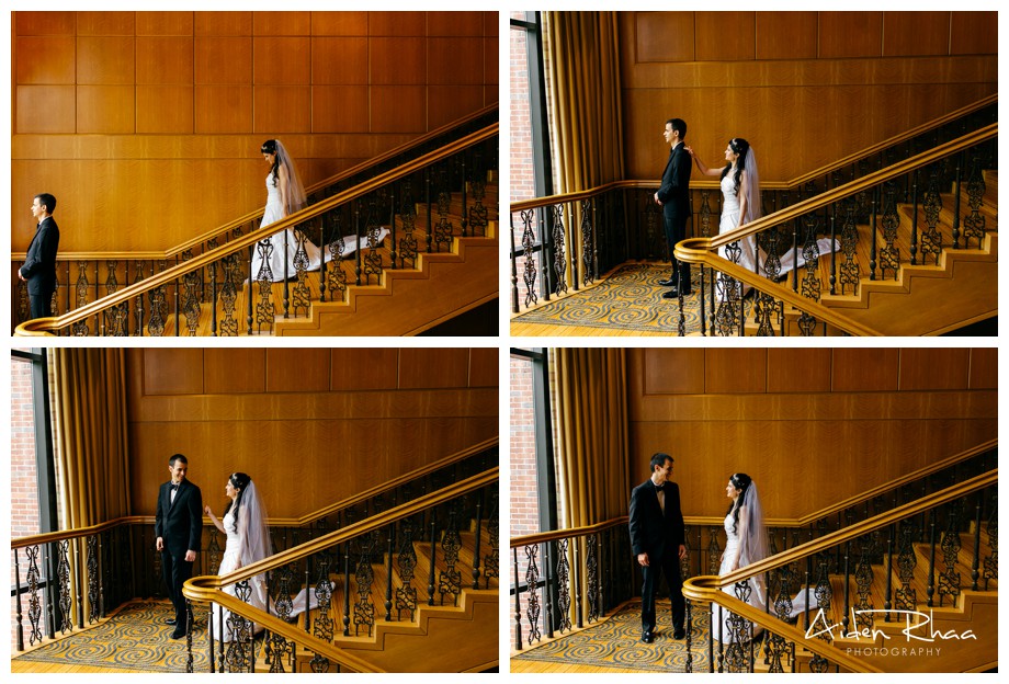 boston four seasons hotel bride groom first look grand staircase