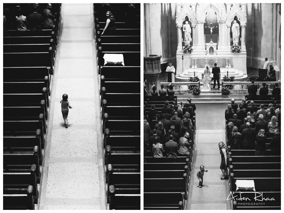 child running down the aisle during wedding rceremony