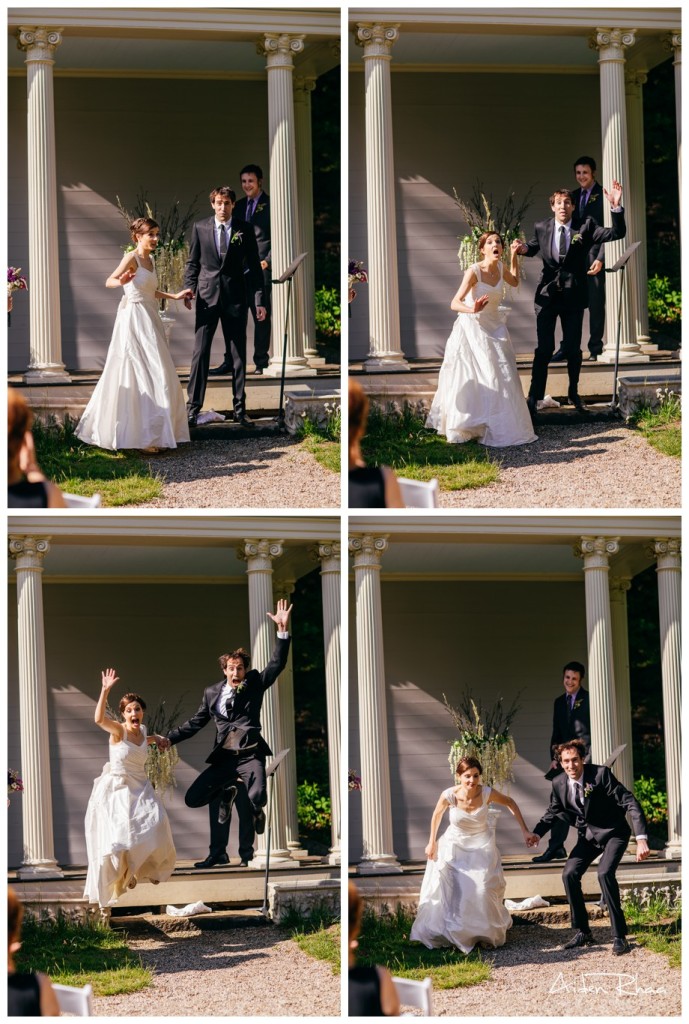 funny wedding moment - jumping after ceremony